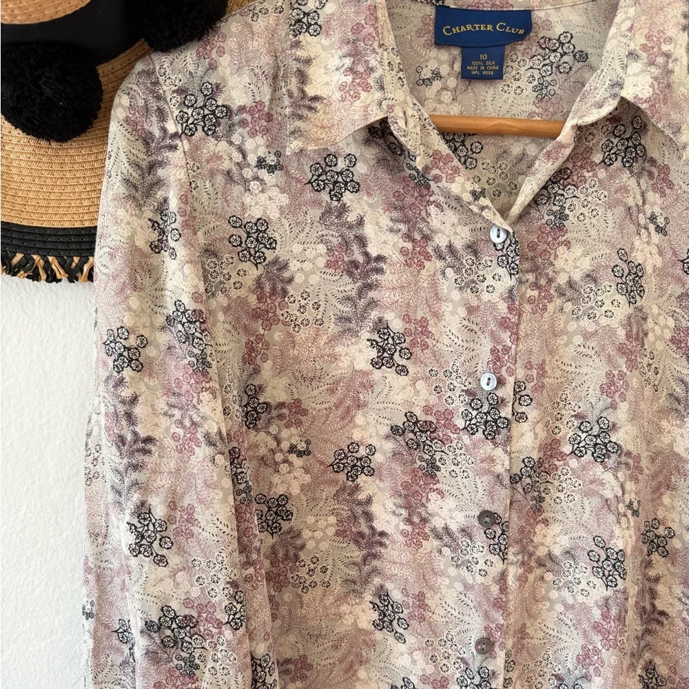 Vintage Charter Club Silk Floral Button Down Blouse Size 10
